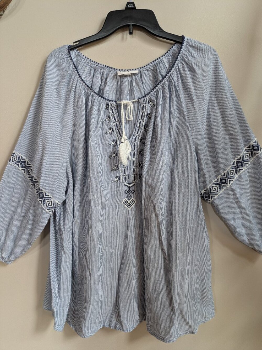 westport size 2x embroidered boho lined white blue tassels 100% cotton #452